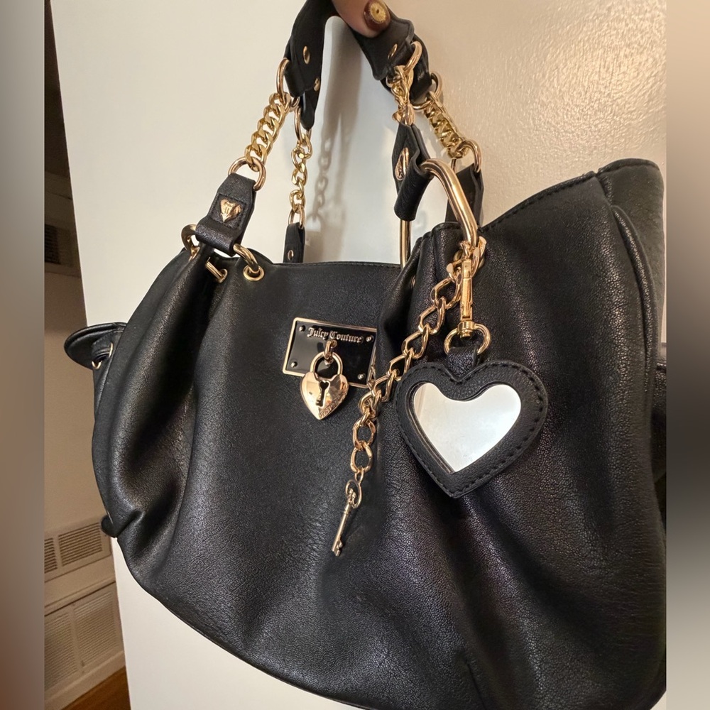 Juicy Couture Black Shoulder Bag with Gold Hardware and Heart Charm